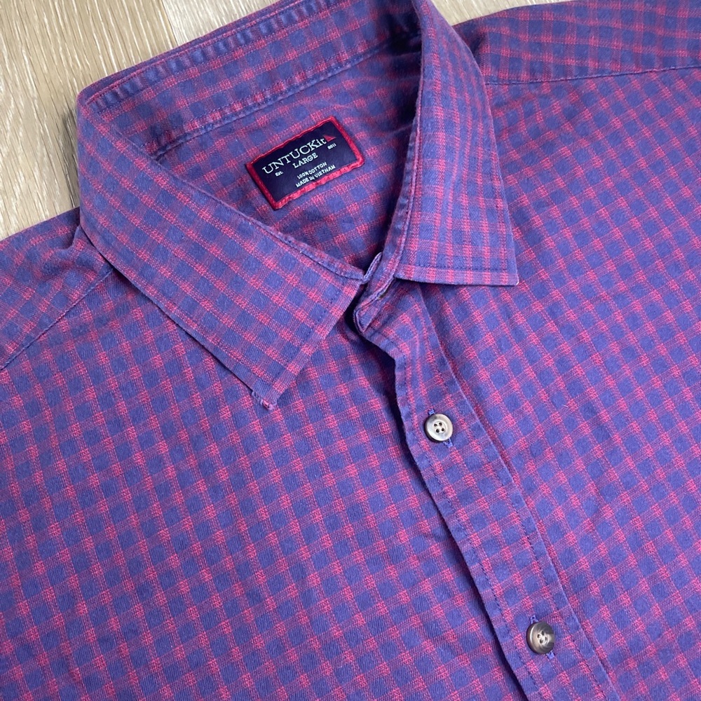UNTUCKit Men’s L Navy Plaid Andretti Cotton Long Sleeve Button Down Shirt